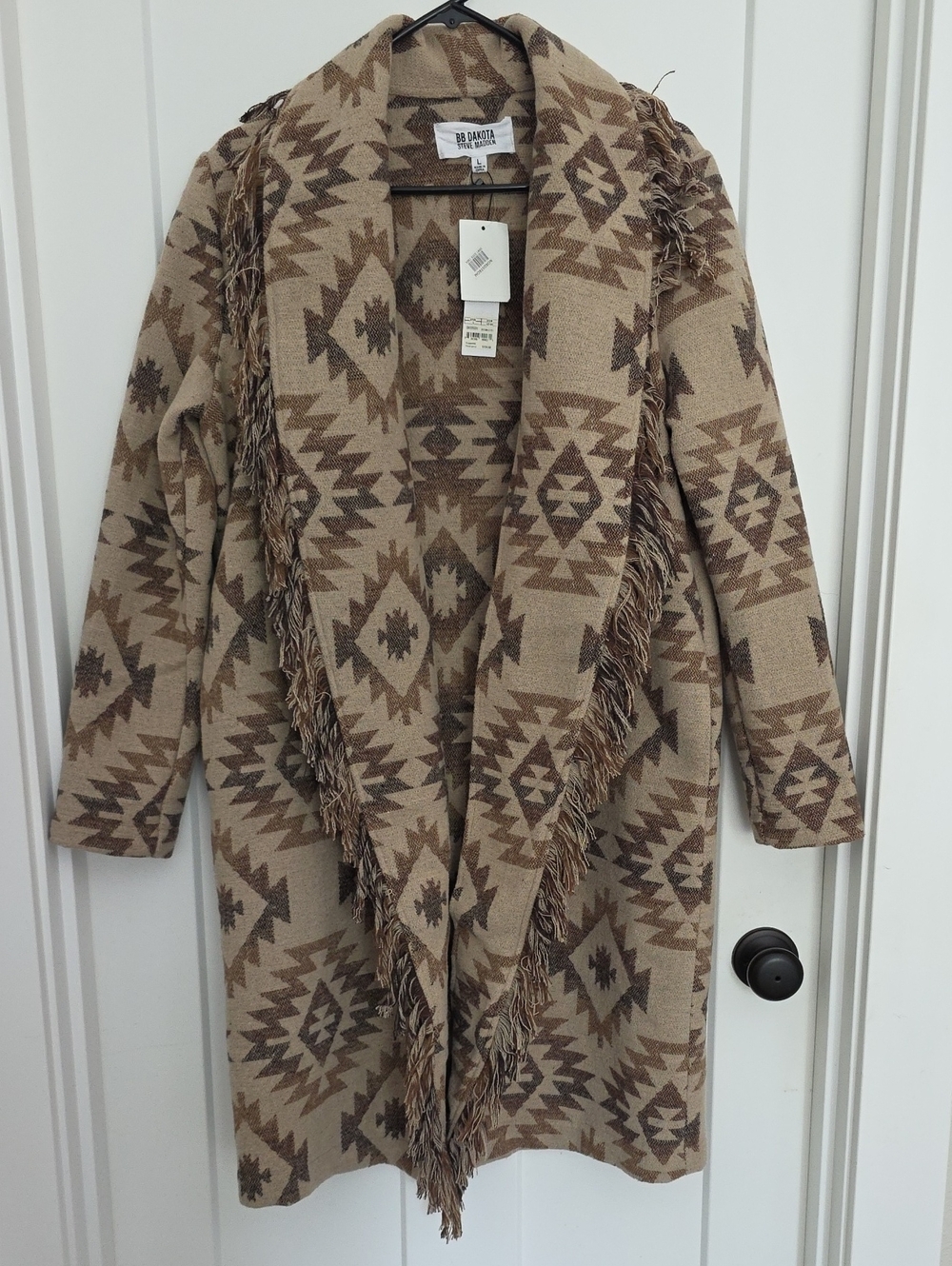 BB Dakota Tan & Brown Aztec Fringe Open Cardigan